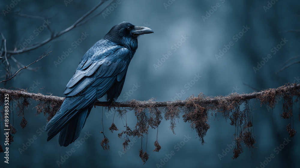 Obraz premium A black raven perches on a mossy branch in a dark mysterious forest environment