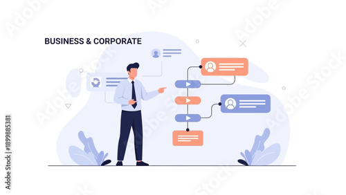 Businessman and Workflow Process Diagram, Business Strategy and Planning