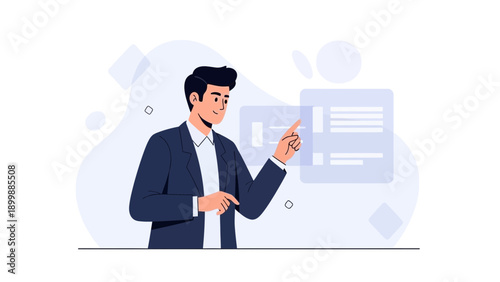 Businessman pointing at digital screen, presentation, business concept illustration