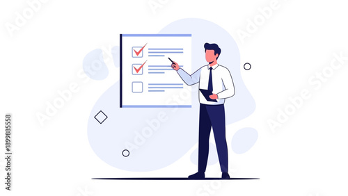 Businessman pointing to checklist on whiteboard, planning, task completion