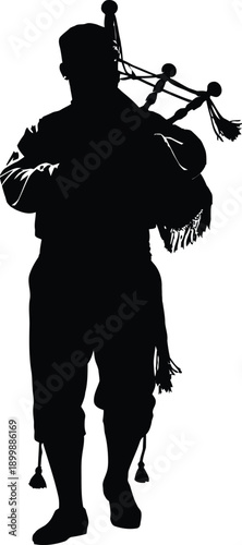 Traditional Scottish bagpiper silhouette featuring a musician in full highland dress playing the bagpipes isolated on a white background for cultural graphic design.