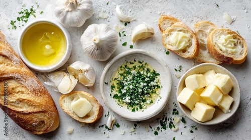 Wallpaper Mural Overhead flat lay of garlic bread ingredients on pale stone surface, raw garlic cloves, butter curls, chopped herbs, baguette slices, olive oil droplets, clean negative space Torontodigital.ca
