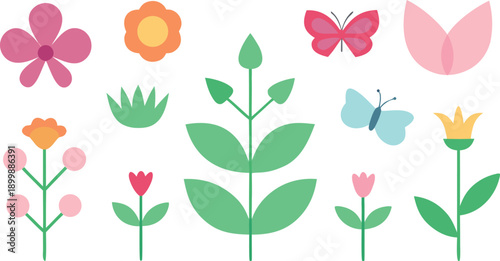 A collection of colorful cartoon flowers, plants, and butterflies in a delightful spring-themed arrangement Vector, illustration