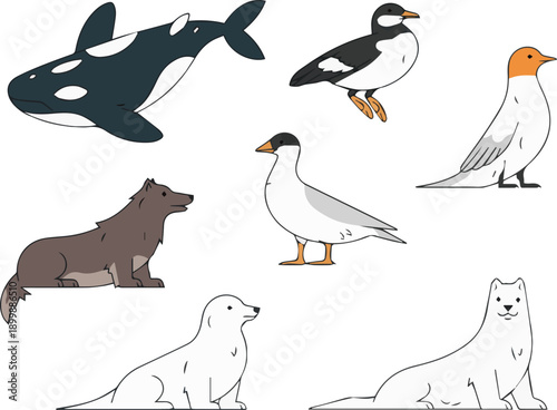 Ice animals living in cold polar regions, including Arctic and Antarctic wildlife. Ideal for winter, nature, climate, education, wildlife, and environmental design projects.