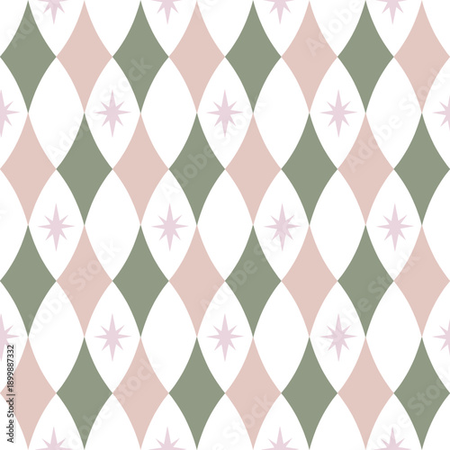 Seamless harlequin diamond pattern in vintage circus style with playful geometric shapes and star elements. Retro background inspired by carnival and party themes, perfect for baby nursery decor, kids