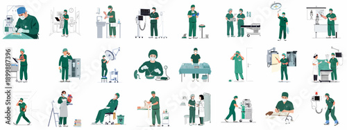 Vector illustrations showing surgeons and medical team performing various procedures, preparations, consultations, and tasks in a hospital setting.