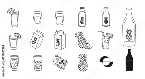 Assorted Drinks and Pineapple Illustrations Collection.