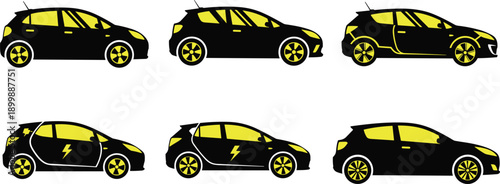 Electric car silhouette collection showing modern eco friendly vehicles, hatchbacks, electric charging symbols, sustainable transportation, automotive technology concept