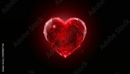 Glowing red faceted crystal heart floating in dark void, emitting sparkles, highlights, soft halo