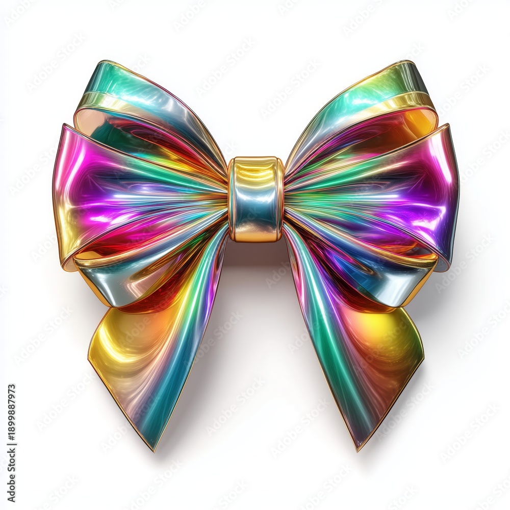 Fototapeta premium A vibrant and shiny rainbow ribbon bow featuring iridescent and holographic textures, isolated on a white background. Generative AI.