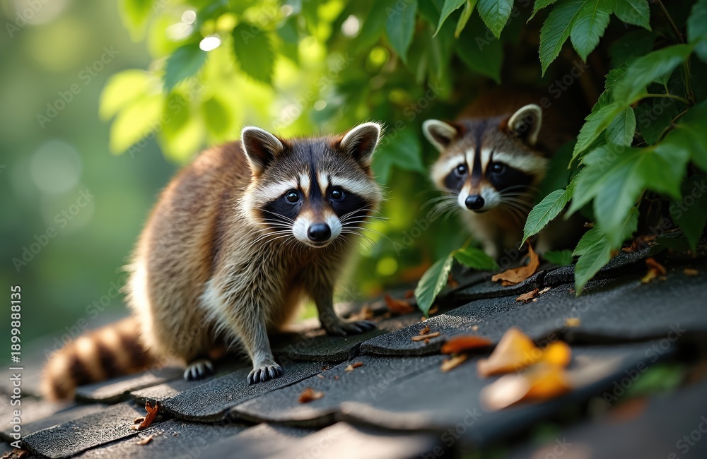 Fototapeta premium Two raccoons on a roof among green leaves and dry foliage. One raccoon looks directly at camera, other hides behind vegetation. Animals explore urban environment.