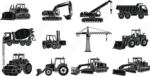 Construction machinery silhouettes set including excavators cranes dump trucks forklifts and tractors, black vector industrial equipment illustration isolated on white background