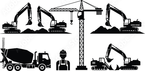 Construction site silhouettes with excavators tower crane concrete mixer truck and worker, black vector industrial illustration isolated on white background
