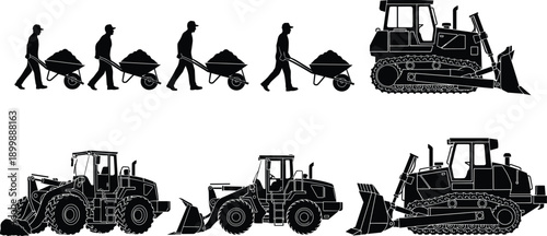 Construction workers with wheelbarrows and heavy machinery silhouettes including bulldozers and loaders, black vector industrial illustration isolated on white background