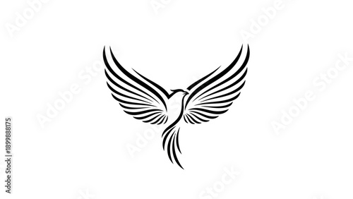 Sleek Black Phoenix Logo Design with Extended Wings and Tail Feathers on White