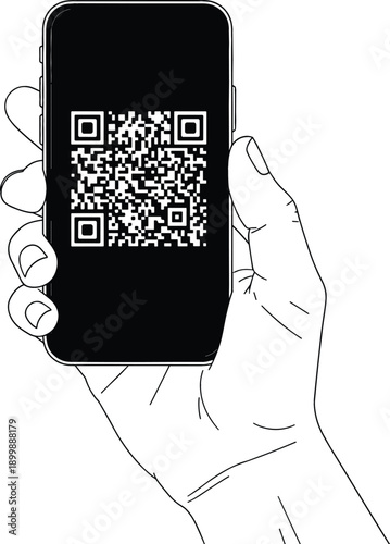 Hand holding smartphone with QR code on screen representing mobile scanning, digital payment, authentication and contactless technology isolated on white background vector illustration