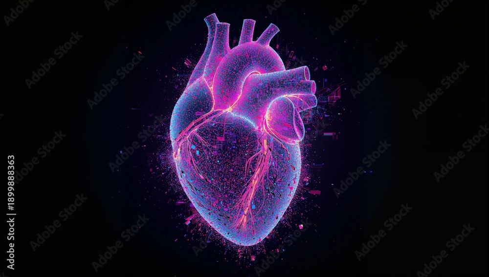 Fototapeta premium Floating anatomical holographic heart glowing on black canvas, showing wireframe, coronary vessels