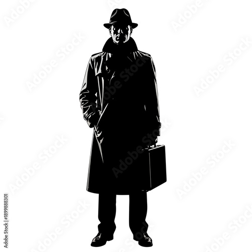 Mysterious Man in Trench Coat and Fedora Holding Briefcase.
