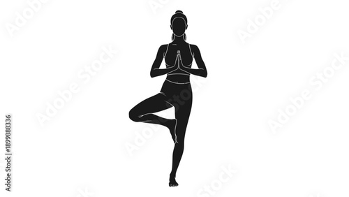 Silhouette of a woman performing yoga tree pose in a balanced stance on a white background