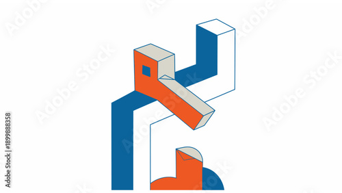 Isometric Geometric Abstract Composition with Orange and Blue Cubes. Modern Vector Cubist Structure Illustration.