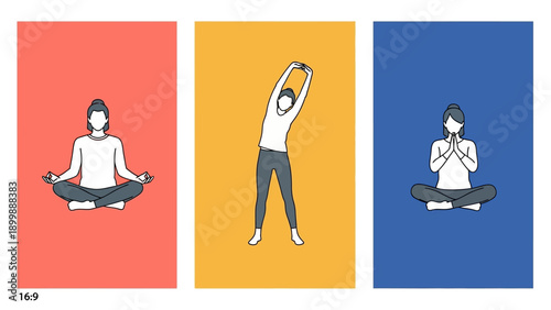 Wellness and Yoga Illustration Set: Woman Meditating, Stretching, and Practicing Poses in Minimalist Flat Design.