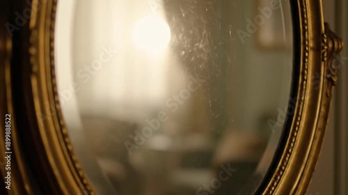 A vintage mirror reflecting soft light in a warm, cozy atmosphere.