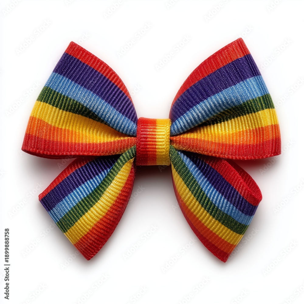 Fototapeta premium Vibrant rainbow striped bow isolated on a white background, showcasing bright and cheerful colors. Generative AI.