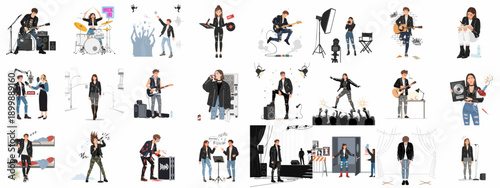 Rock musician lifestyle vector collection featuring band members performing, recording in studio, backstage life, and concert scenes.