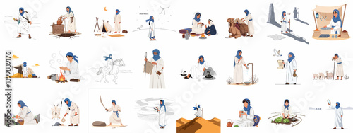 Collection of flat vector illustrations depicting traditional nomadic desert life, including survival, trade, travel, and cultural activities in the arid lands.