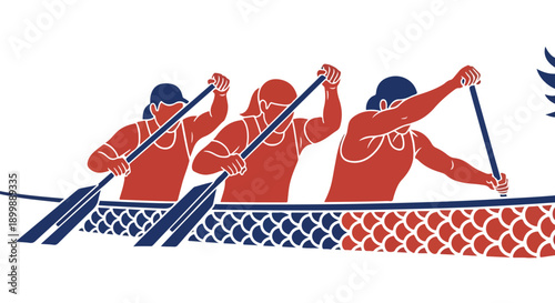 Illustration of three people rowing a boat with oars, wearing red jackets and blue hats, against a white background with a decorative boat design.