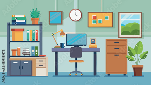 A vibrant and organized home office workspace with modern technology and decor isolated on white background, Vector