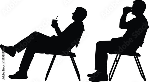 Relaxed man silhouette sitting on chair drinking beverage, casual posture, break time, refreshment, lifestyle moment, everyday leisure concept