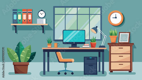 A modern home office workspace with a laptop, desk clock, and decorative elements. isolated on white background, Vector