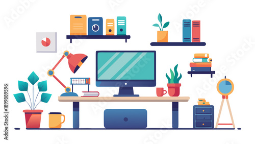 Creative workspace featuring office supplies, computer, and design tools. isolated on white background, Vector