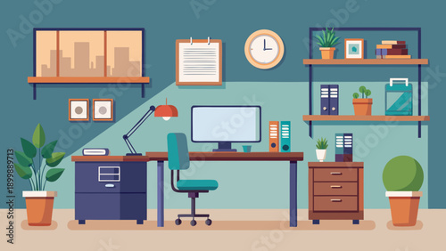 A vibrant and organized home office workspace setup with modern furniture and decor isolated on white background, Vector