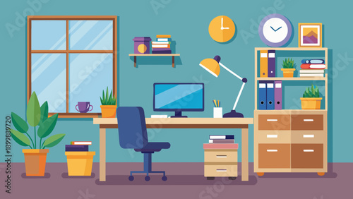 A colorful and organized modern home office workspace with plants and technology isolated on white background, Vector