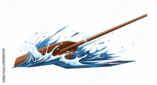 Illustration of a wooden oar splashing into water with dynamic blue waves on a white background.