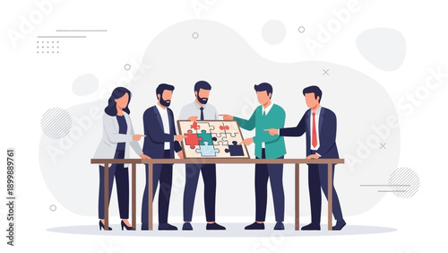 Diverse business team assembling puzzle pieces together, teamwork and strategy concept