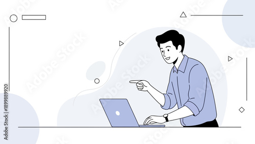 Man pointing at laptop screen, business presentation, online meeting, modern workspace illustration