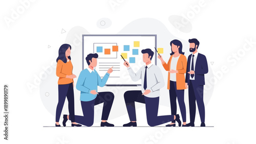 Teamwork meeting, planning strategy on whiteboard with sticky notes, business people collaborating