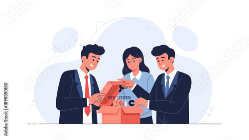 Teamwork solution, people opening box with ideas and innovation, business concept
