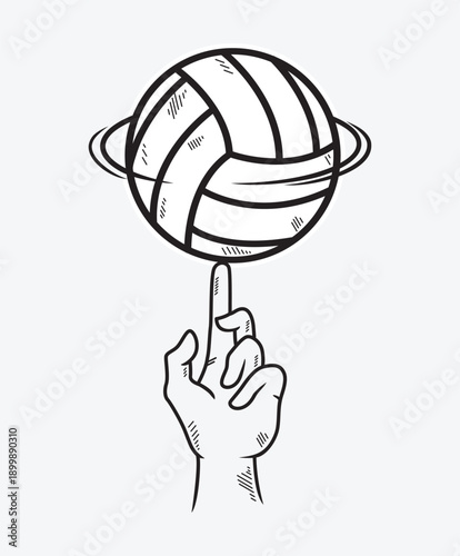 A hand spins a volleyball on one finger while it rotates.