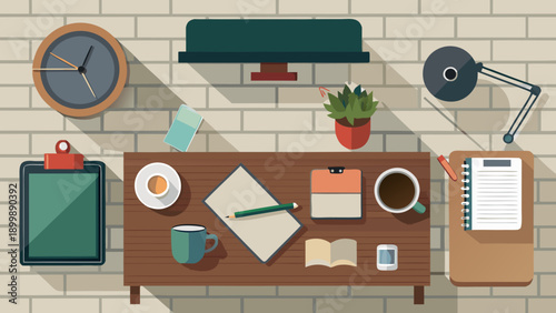 Creative workspace featuring office essentials and stationery on a wooden desk. isolated on white background, Vector