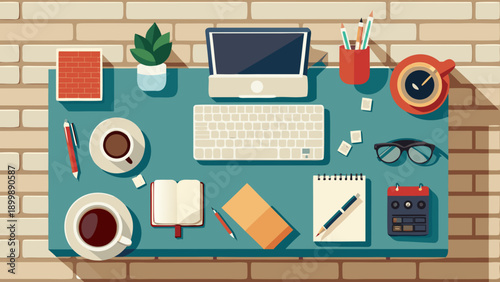 Organized workspace with stationery and creative office supplies on a blue desk isolated on white background, Vector