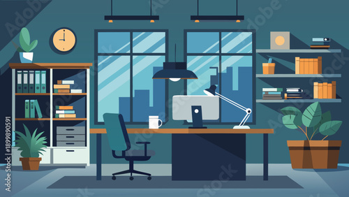 A modern home office with a person working at a desk surrounded by bookshelves and technology isolated on white background, Vector