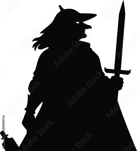 Mysterious Fantasy Hunter Silhouette Holding a Large Sword and Potion Bottle Isolated on White Background for Pirate, Witch Hunter, and Adventurer Character Design.