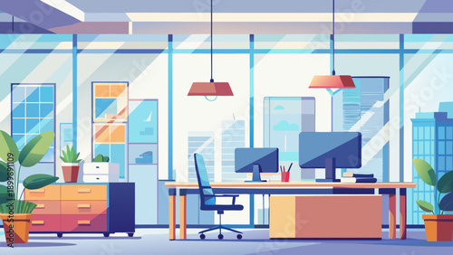 Modern office space with collaborative workstations and natural lighting isolated on white background, Vector