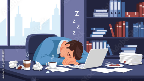 A tired man is asleep at his cluttered office desk, surrounded by papers, a laptop, and coffee cups, indicative of overwork and exhaustion.