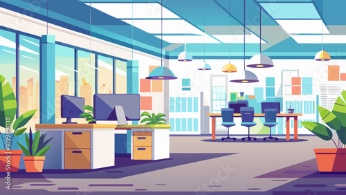 A modern office space with employees working and collaborating in a bright environment isolated on white background, Vector