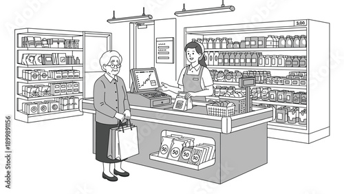 An elderly woman stands at a grocery store checkout counter, holding a shopping bag, interacting with a friendly female cashier.